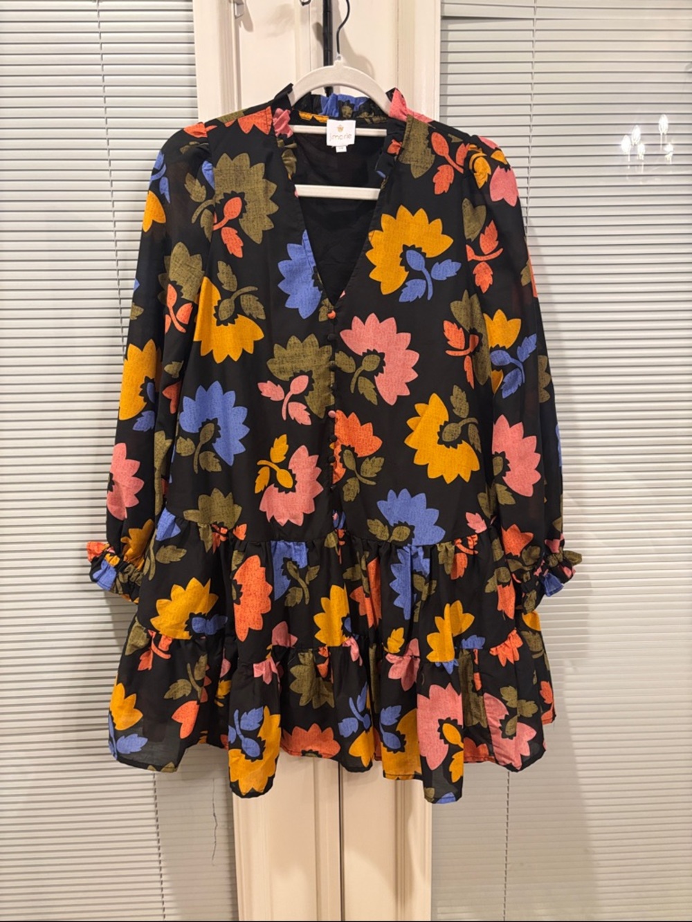 Floral Tiered Mini Dress - Black with Multicolor Blooms